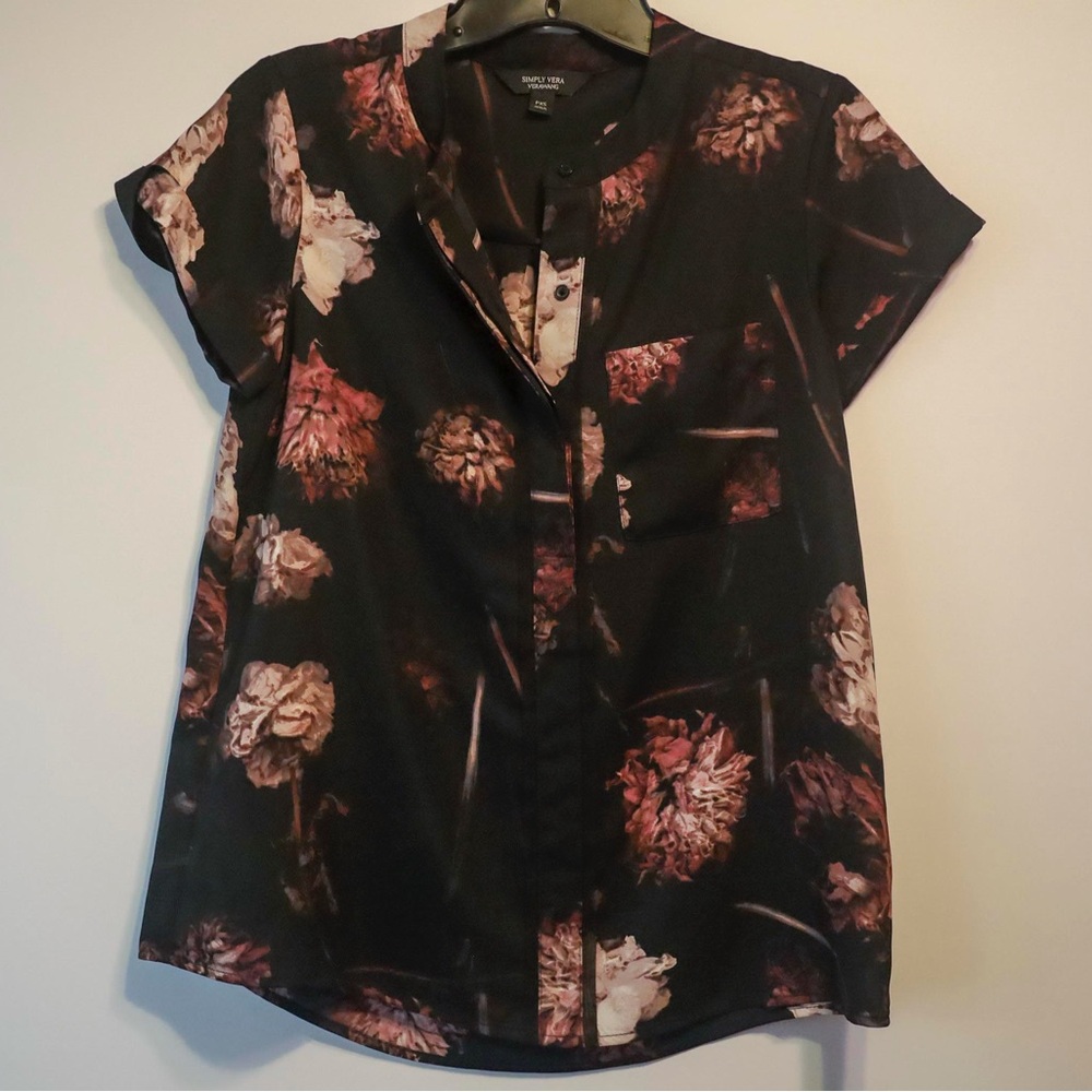 Black and Pink Floral Blouse with Pocket